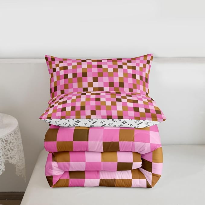 Manfei Pixel Grid Theme Bedding Set King Size,Cartoon Gamepad Comforter Set with 2 Pillowcases,Abstract Simple Bed Quilt,Brown Pink Quilt Sets Home Decor,Women Men Birthday Gift
