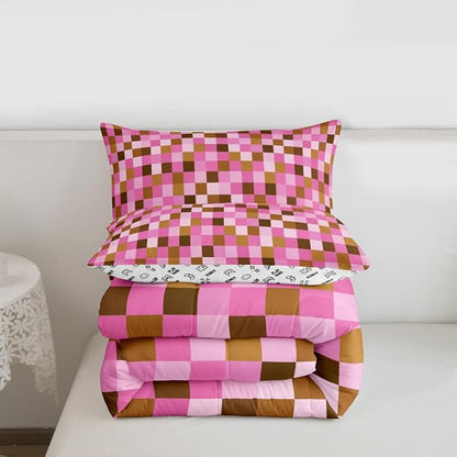 Manfei Pixel Grid Theme Comforter Set Queen Size,Cartoon Gamepad Duvet Insert Adults Bedroom Decor,Abstract Simple Bedding Set,Brown Pink Ultra Soft Microfiber Inner Fill 3Pcs Bedding