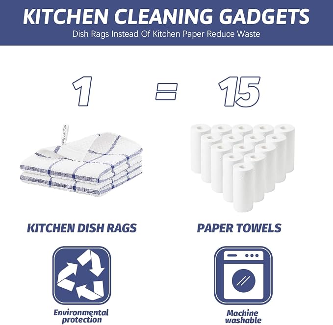 Nialnant 4PCS Cleaning Rags,100% Cotton Terry Dish Rags for Washing Dishes,Quick Drying Dish Cloths,Dish Towels for Kitchen,Navy Blue Plaid-12x12in