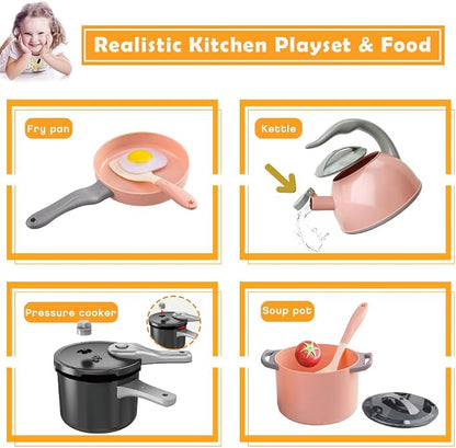 Bruvoalon 32Pcs Kids Play Kitchen Toys Set, Toddlers Pretend Cooking Playset Acccessories with Pots Pans, Utensils Cookware, Foods, Canned Veges, Learning Gift for Kids Girls Boys (Pink)