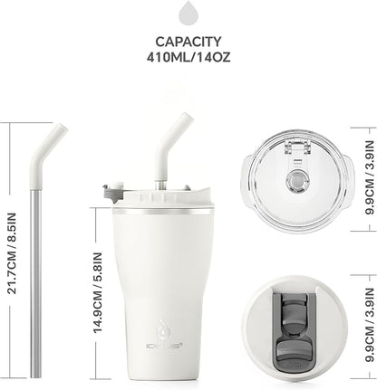 IDEUS Insulated Tumbler with Lid and Straw 14 oz, Stainless Steel Double-Wall Vacuum Leak-Proof Travel Coffee Mug, Cup Holder Friendly, White
