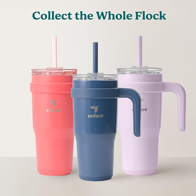 REDUCE 24 oz Stainless Steel Tumbler with Handle - Dual-Wall Vacuum Insulated Travel Mug, Sweat-Proof Lid & Reusable Straw - Keeps Drinks Cold for 24 Hrs, Fits Cupholders, Dishwasher Safe-Pink Cotton