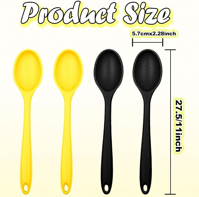 4Pcs Silicone Basting Serving Spoon Silicone Nonstick Mixing Spoon Silicone Spoons for Cooking Heat Resistant Non Stick Serving Spoon for Kitchen Cooking,Baking,Stirring (Black+Yellow)