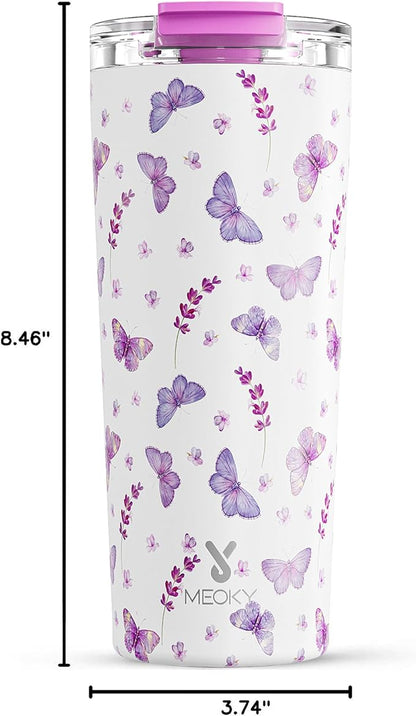 Meoky 24 oz Travel Coffee Mug with Leak-proof Lid, Stainless Steel Insulated Coffee Tumbler, Keeps Hot for 8 Hours or Cold for 24 Hours, Fits in Car Cup Holder (Lavender Butterfly)