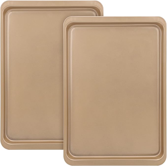 Beasea Cookie Sheet Nonstick Set of 2, Beasea 10 x 14.6 Inch Carbon Steel Baking Sheets Pan Toaster Oven Baking Pans Baking Tray Rimmed Baking Pan - Gold
