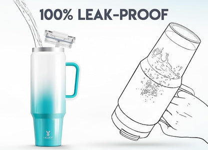 Meoky 40 oz Tumbler with Handle and Straw, Insulated Tumbler with Lid and Straw, Stainless Steel Travel Mug, Keeps Cold for 34 Hours, 100% Leak Proof, Fits in Car Cup Holder (Azure)
