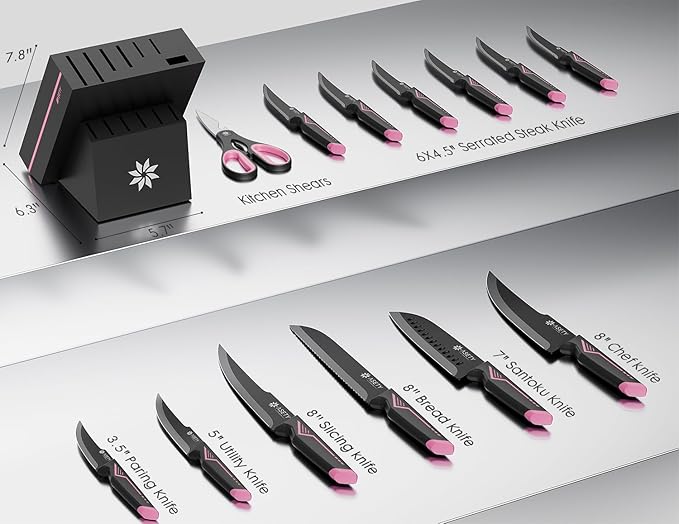 Knife Set - 15 PCS Kitchen Knife Set with Built-in Knife Sharpener Block - Stainless Steel Knife Block Set - Dishwasher Safe, Elegant Box for Her Women Wife, Fathers day, Pink