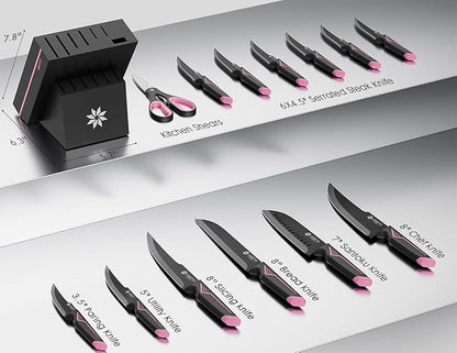 Knife Set - 15 PCS Kitchen Knife Set with Built-in Knife Sharpener Block - Stainless Steel Knife Block Set - Dishwasher Safe, Elegant Box for Her Women Wife, Fathers day, Pink