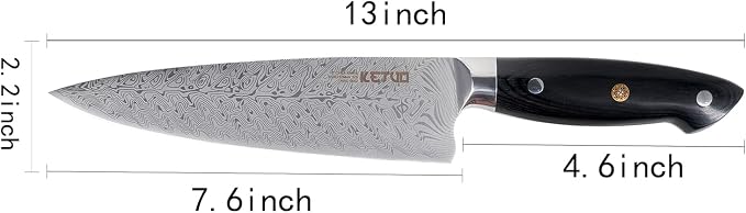 Ketuo Professional Chef Knife Damascus Carbon Steel with Laser Pattern Blade and Black Pakka Wood (8 Inch Chef Knife)