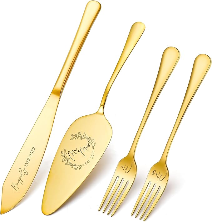 Wedding Cake Knife and Server Set, 4 Pack Stainless Steel Cake Cutting Knife, Slicer and Forks Server for Wedding, Anniversary, Birthday, Baby Shower(Gold 2026)