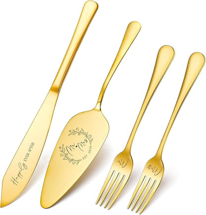 Wedding Cake Knife and Server Set, 4 Pack Stainless Steel Cake Cutting Knife, Slicer and Forks Server for Wedding, Anniversary, Birthday, Baby Shower(Gold 2026)