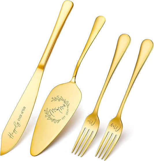 Wedding Cake Knife and Server Set, 4 Pack Stainless Steel Cake Cutting Knife, Slicer and Forks Server for Wedding, Anniversary, Birthday, Baby Shower(Gold 2026)
