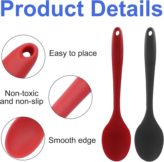 Zorfeter 4 Pcs Small Silicone Spoons, Nonstick Kitchen Spoon Heat Resistant Stirring Serving Spoon for Kitchen Cooking Baking Mixing Tools(Red+Black)