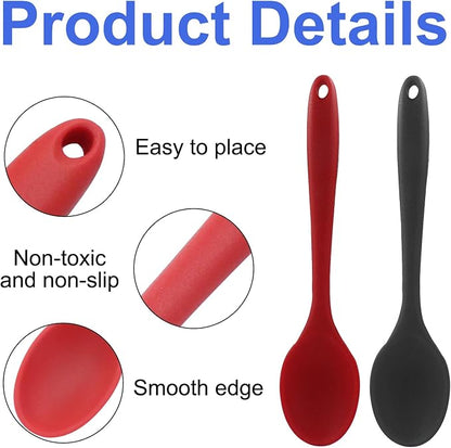 Zorfeter 4 Pcs Small Silicone Spoons, Nonstick Kitchen Spoon Heat Resistant Stirring Serving Spoon for Kitchen Cooking Baking Mixing Tools(Red+Black)