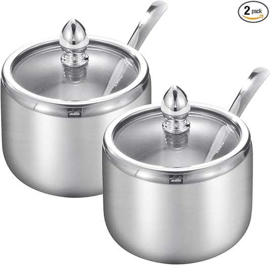 Kitchen Stainless Steel Spice Jars Seasonning Box with Spoons, Seasoning Containers Bottles with Stainless Steel &Clear Glass Cap,10oz for Home and Kitchen (2)