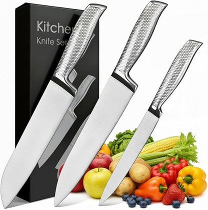 3-Piece Professional Chef Knife Set - 8" Chef, 7" Santoku, 5" Utility - Razor-Sharp 5Cr15MoV High-Carbon Stainless Steel, Full Tang & Non-Slip Handle - Gift-Ready for Home Kitchen & Chefs
