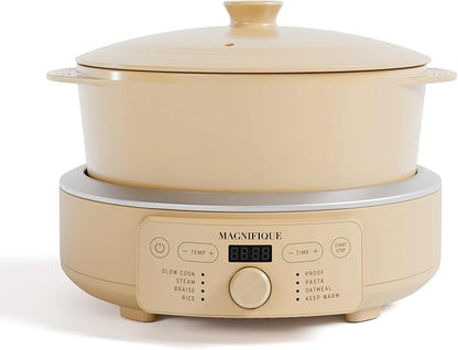 MAGNIFIQUE Slow Cooker, 4.5 Quart 8-in-1 Clay Pot Multi-Cooker, Non-Toxic Slow Cooker with Removable Clay Pot, for Rice, Pasta, Steam & Proof, Nonstick, Oven Safe Pot to 500°F, Brown
