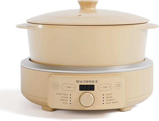 MAGNIFIQUE Slow Cooker, 4.5 Quart 8-in-1 Clay Pot Multi-Cooker, Non-Toxic Slow Cooker with Removable Clay Pot, for Rice, Pasta, Steam & Proof, Nonstick, Oven Safe Pot to 500°F, Brown