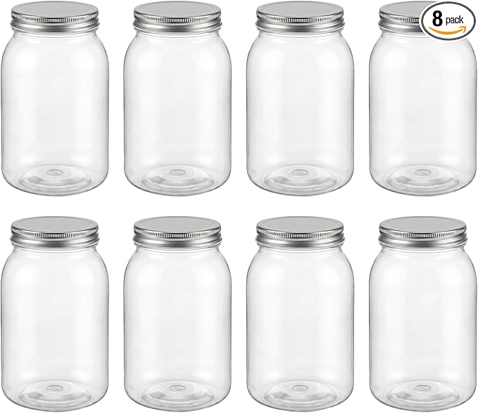 novelinks 32 oz Mason Jars with Plastic Lids, 8 Pack Large Plastic Salad Jars with Lids 32oz, Reusable Spice Containers & Kitchen Jars for Pantry Organization (8 Pack,Silver)