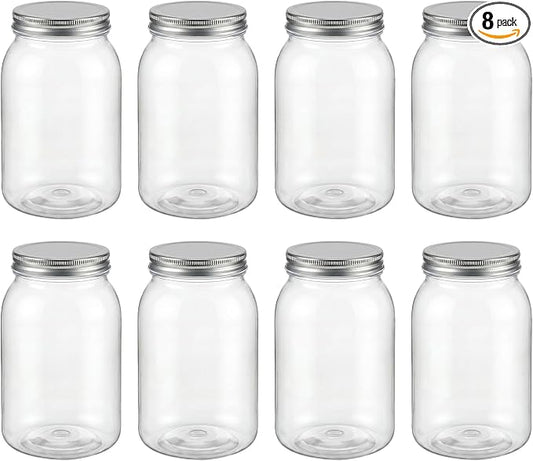 novelinks 32 oz Mason Jars with Plastic Lids, 8 Pack Large Plastic Salad Jars with Lids 32oz, Reusable Spice Containers & Kitchen Jars for Pantry Organization (8 Pack,Silver)