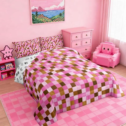 Manfei Pixel Grid Theme Bedding Set King Size,Cartoon Gamepad Comforter Set with 2 Pillowcases,Abstract Simple Bed Quilt,Brown Pink Quilt Sets Home Decor,Women Men Birthday Gift