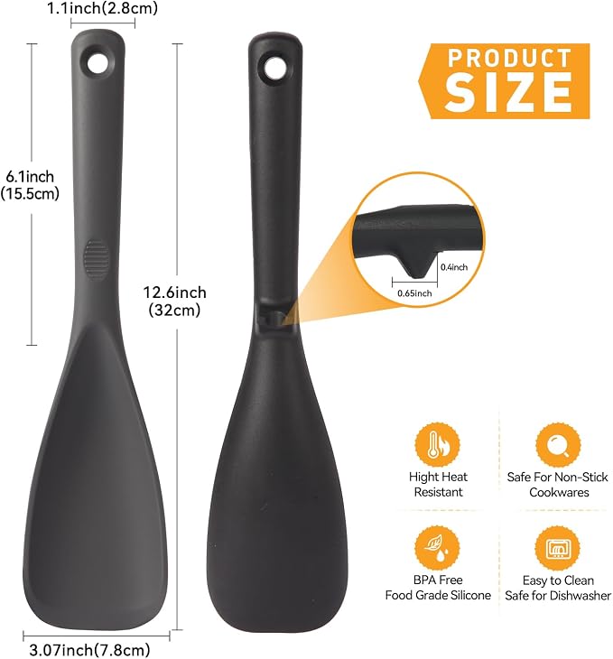 12.6" Extra Long Silicone Spatula Spoon for Nonstick Cookware, Seamless One-Piece Design Cooking Spoon with Built-in Tool Rest for Mixing, Scoop and Scrape, Dishwasher Safe, Black & Gray