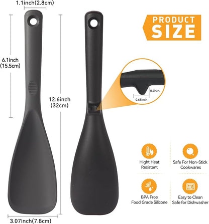 12.6" Extra Long Silicone Spatula Spoon for Nonstick Cookware, Seamless One-Piece Design Cooking Spoon with Built-in Tool Rest for Mixing, Scoop and Scrape, Dishwasher Safe, Black & Gray
