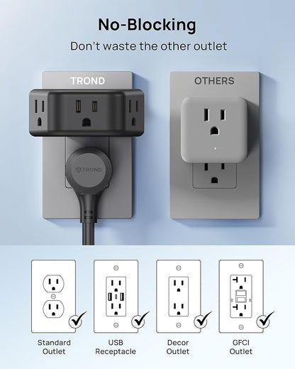 TROND 2 Pack Outlet Extender with 360 Rotating Plug, 3 Way Angled Wall Plug Adapter, Small Multiple Outlet Splitter for Bathroom Kitchen Cruise Ship Travel Essentials, Black