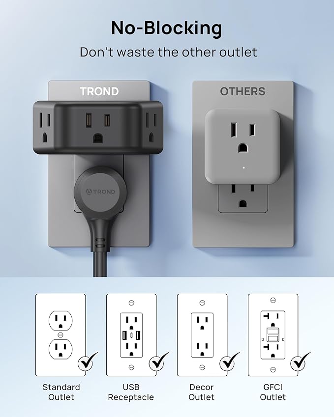 TROND 360 Rotating Plug Outlet Extender, Outlet Splitter with 3 Grounded Sockets, 3 Way Angled Multi Plug Adapter, Cruise Essentials, Small Multiple Expander for Bathroom Kitchen Travel, Black