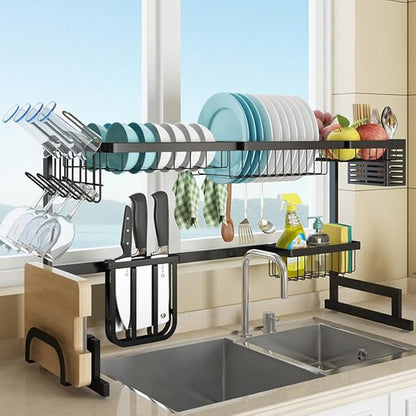 Large Over The Sink Dish Drying Rack (33.4"-41.3") 2 Tier Length Adjustable Dish Drainer for Kitchen Sink Auto Drainage Space Saving Kitchen Organizer, Black (33.4“-41.3”)