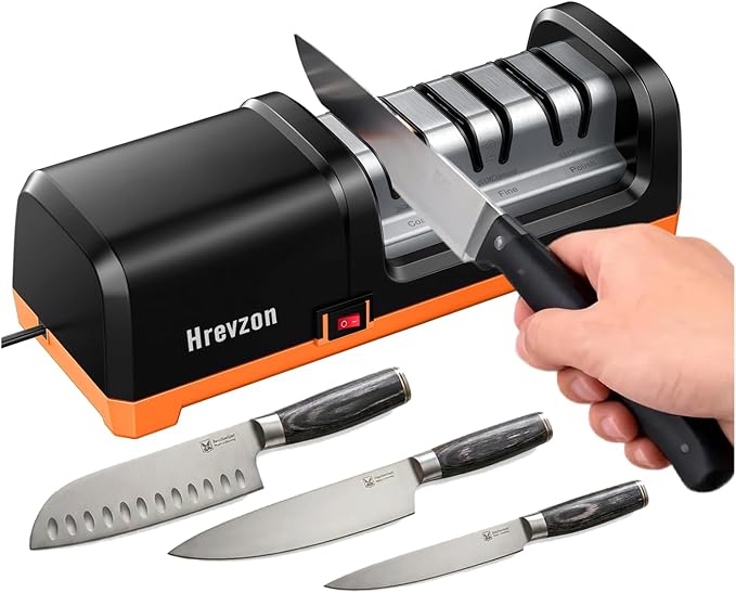 2026 New Electric Knife Sharpener for Kitchen Knives, with 100% Diamond Abrasives and Precision Angle Guides, 3-Stage Professional Automatic Quickly Sharpening/Polishing, Black/Orange