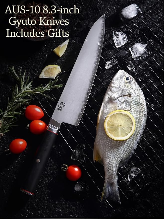 Japan Aichi AUS10 Triple Layer Composite Steel 8.3-inch Chef's Knife， Gyuto，Meat Cleavers，G10 Handle, Forged Kitchen Knife，Black Walnut Knife Sheath Set