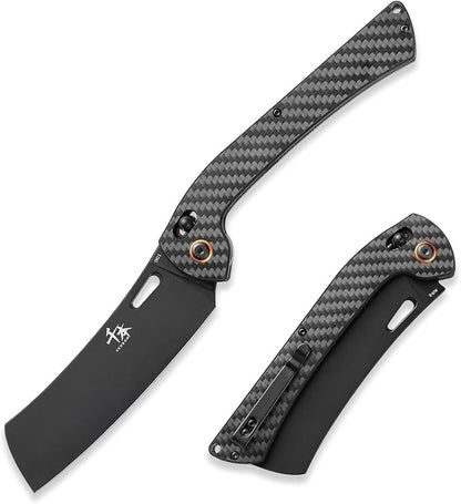 SENBON foldable chef's knife, AUS-8 stainless steel with black titanium plating, carbon fiber handle with back clip, portable outdoor folding fruit knife