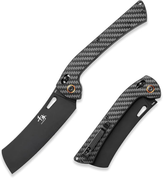 SENBON foldable chef's knife, AUS-8 stainless steel with black titanium plating, carbon fiber handle with back clip, portable outdoor folding fruit knife