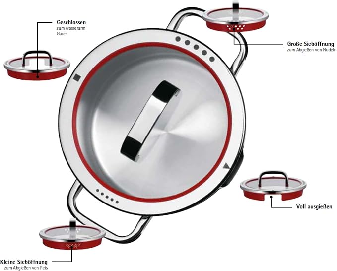 WMF cookware Ø 16 cm approx. 1,9l Function 4 Inside scaling lid - pour off or decant liquids without spilling to keep your dishes and cooker clean. Made in Germany hollow side handles glass lid Cromargan stainless steel brushed suitable for all stove t...