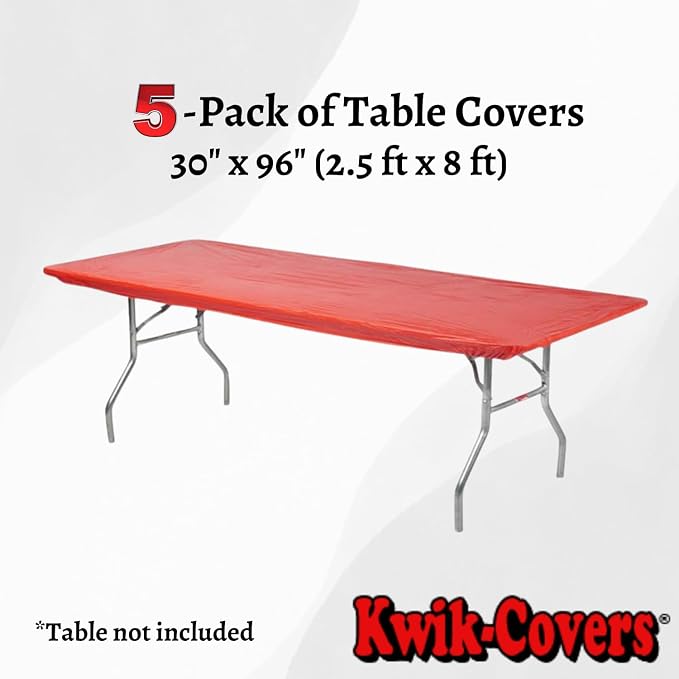 Kwik-Covers 8' Rectangle Plastic Table Covers 30" x 96", Bundle of 5 (Real Red)