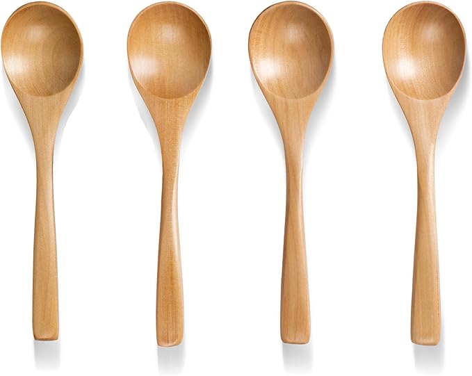 4 PCS Wooden Spoons for Eating, 7 inch Wooden Honey Spoons for Tea, Wood Teaspoons for Stirring Coffee, Schima Wood Table Spoon for Cooking, Small Serving Spoon for Soup, Desserts & Cereal