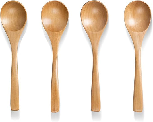 4 PCS Wooden Spoons for Eating, 7 inch Wooden Honey Spoons for Tea, Wood Teaspoons for Stirring Coffee, Schima Wood Table Spoon for Cooking, Small Serving Spoon for Soup, Desserts & Cereal