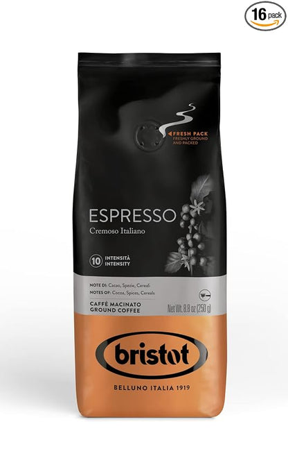 Bristot Espresso Cremoso Italiano Ground Coffee | Italian Espresso | Medium Roast | 16 Bags