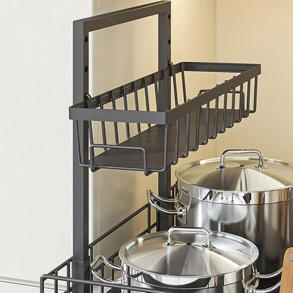 Expandable Pull Out Cabinet Organiser, No Drill Adhesive Slide Out Kitchen Drawer Shelf Durable Metal for Under Sink, Cupboard, Pantry, Adjustable Width (12.8"-19.7")