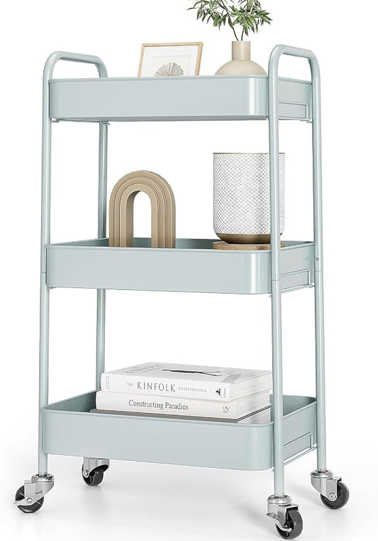TOOLF 3-Tier Rolling Cart - Metal Utility Storage Organizer with Lockable Wheels, 33 lbs Per Shelf, Tool-Free 5-Min Assembly, for Kitchen Bathroom Office Nursery Craft Room, Green