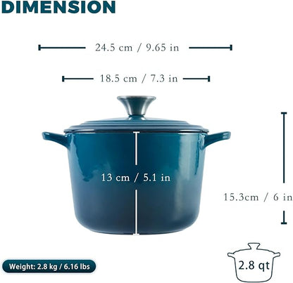 Flavehc Dutch Oven Pot with Lid 2.8 Qt Cast Iron Dutch Oven for Bread Baking, DarkCyan Enameled Cast Iron Soup Pot, Small Deep Dutch Oven for Soup, Stews & Small Family Meals