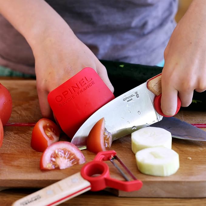 Opinel Le Petit Chef Complete 3 Piece Kitchen Set, Chef Knife with Rounded Tip, Fingers Guard, Peeler, For Children and Teaching Food Prep and Kitchen Safety, Made in France