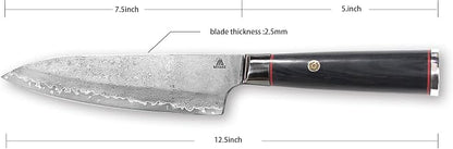 Miyake 7.5" Japanese Gyuto Chef Knife, 9Cr18MoV Stainless Steel Sharp Kitchen Knife with G10 & Pakkawood Handle, Damascus Finish, Gift Box Included