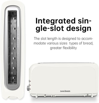 SEEDEEM 2 Slice Slim Toaster, Single 10" Long Slot Toaster Fits Bagels & Artisan Bread, 6 Shade Settings, Cancel/Reheat/Defrost, Removable Crumb Tray, Auto Shut-Off, White