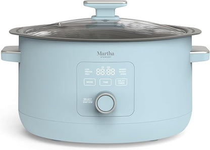 Martha Stewart 8 QT Slow Cooker, Programmable with Timer, 3 Heat Settings (Low, High, Warm), Nonstick Ceramic Removable Crock, Stovetop & Oven Safe, Glass Lid, Simmer, Reheat, Warm, Sky