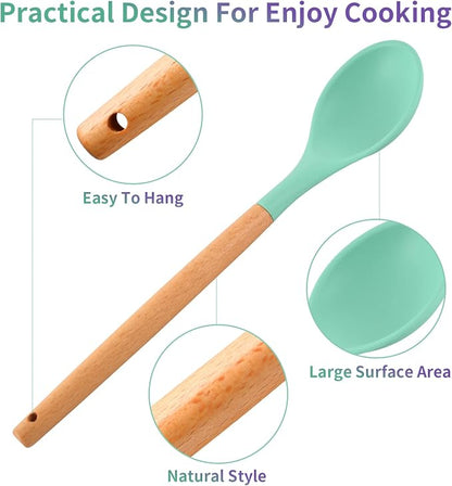 3 Pcs Large Silicone Wooden Handle Mixing Spoons - Nonstick Heat-Resistant Kitchen Mixing Tools (Green, Blue, Black)