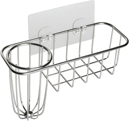 HULISEN 3-in-1 Sponge Holder for Kitchen Sink with Dish Brush Holder, Stainless Steel Caddy for Soap, Scrubber, No Drill and Rustproof, Silver