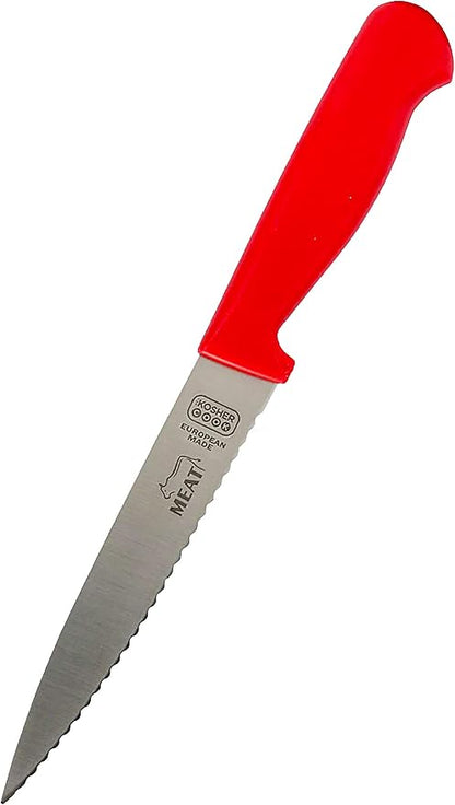 The Kosher Cook Meat Red Kitchen Knife – 6” Serrated Steak and Vegetable Knife - Razor Sharp. Pointed Tip - Color Coded Kitchen Tools