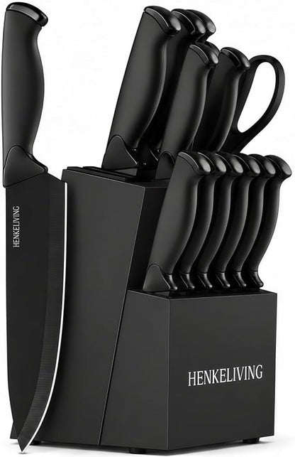 Knife Set, 14-Piece Black Dishwasher Safe Kitchen Knife Block Set with Built-In Sharpener, German High Carbon Stainless Steel Blades, Ultra Sharp Knives with Ergonomic Non-Slip Handles